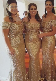 Mermaid Off-the-Shoulder Short Sleeves Sweep Train Gold Sequined Prom Dress