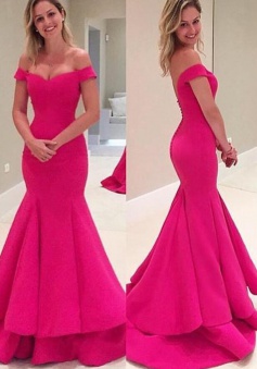 Mermaid Off-the-Shoulder Sweep Train Tiered Fuchsia Prom Dress with Ruffled