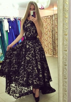 A-Line Jewel Sleeveless Hi-Low Black Lace Prom Dress with Sash
