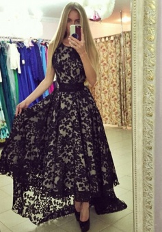 A-Line Jewel Sleeveless Hi-Low Black Lace Prom Dress with Sash