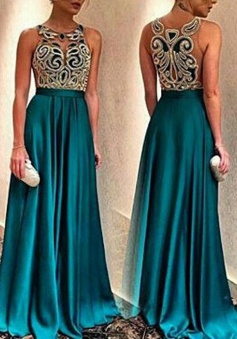 A-Line Jewel Sleeveless Sweep Train Turquoise Stretch Satin Prom Dress with Beading