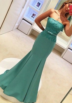 Mermaid Strapless Sweep Train Blue Prom Dress with Lace Top Bowknot