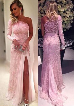 Stylish One Shoulder Long Sleeve Sweep Train Pink Lace Prom Dress with Legslit