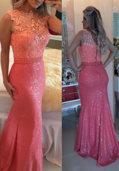 Stunning Mermaid Sweep Train Sequined Coral Prom Dress with Lace Top Beading