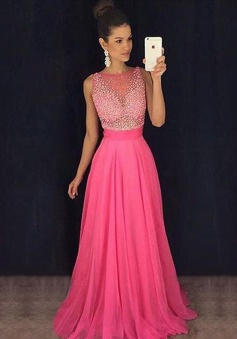 A-Line Bateau Sleeveless Illusion Back Rose Pink Prom Dress with Beading