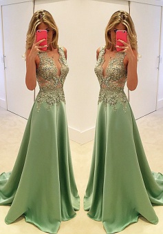 A-Line Deep V-Neck Sweep Train Mint Stretch Satin Prom Dress with Appliques