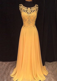 A-Line Scoop Sleeveless Long Yellow Chiffon Prom Dress with Beading