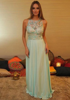Simple Jewel Sleeveless Long Mint Chiffon Satin Prom Dress with Lace Top