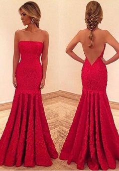 Mermaid Strapless Floor-Length Backless Fuchsia Lace Prom Dress with Ruched 