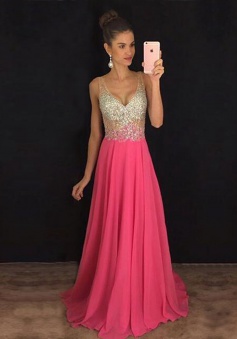 A-Line V-Neck Sweep Trian Rose Pink Chiffon Prom Dress with Beading