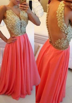 A-Line Jewel Floor-Length Coral Chiffon Prom Dress with Appliques Beading