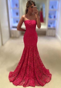 Mermaid Strapless Sweep Train Rose Pink Lace Prom Dress with Ruffles