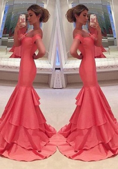 Mermaid Off-the-Shoulder Sweep Train Short Sleeves Coral Taffeta Prom Dress 