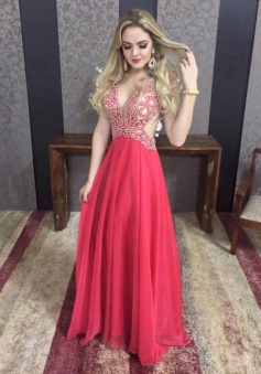 A-Line Deep V-Neck Sleeveless Backless Long Red Prom Dress with Beading