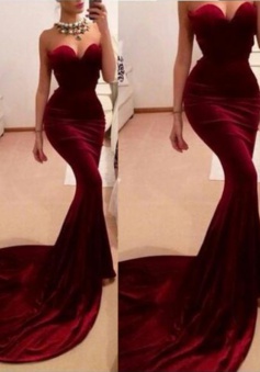 Mermaid Sweetheart  Sleeveless Sweep Train Burgundy Velet Prom Dress