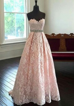 A-Line Sweetheart Sweep Train Pearl Pink Lace Prom Dress with Beading