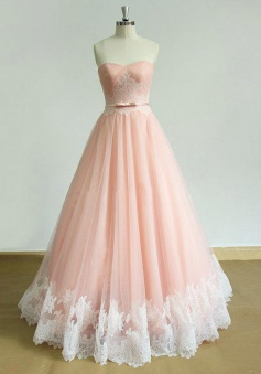 Chic Sweetheart Lace Sweep Train Pink Ruched Prom Dress with Sash