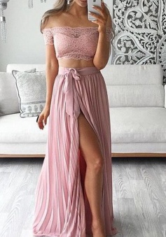 Simple Two Piece Off-the-shoulder Short Sleeveless Split Front Lace Top Long Prom Dress