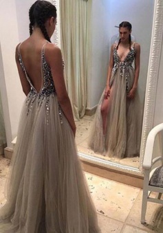 A-Line Deep V-Neck Sleeveless Backless Gray Tulle Prom/Evening Dress with Beading