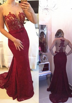 Mermaid Jewel Sleeveless Burgundy Lace Prom Dress with Beading Appliques