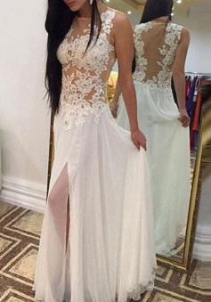 A-Line Jewel Sleeveless Floor-Length White Chiffon Prom Dress with Appliques