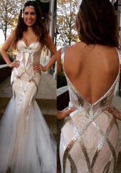 Exquisite Mermaid Sweetheart Sleeveless Backless Long Prom Dress with Lace