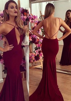 Mermaid Spaghetti Straps Backless Burgundy Stretch Satin Prom Dress