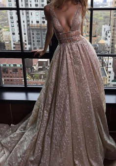 A-Line Deep V-Neck Court Train Open Back Champagne Sequined Prom Dress with Beading