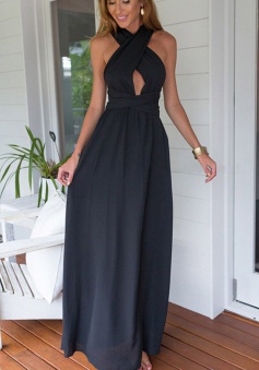 A-Line Halter Sleeveless Navy Blue Chiffon Prom Dress with Keyhole