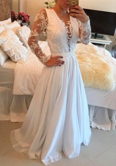 A-Line Scoop Long Sleeves Sweep Train White Chiffon Prom Dress