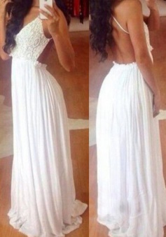 A-Line V-Neck Sleeveless Long White Chiffon Prom Dress with Lace Top