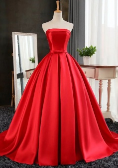 A-Line Strapless Sweep Train Red satin Prom Dress with Bowknot