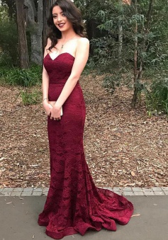 Mermaid Sweetheart Sweep Train Burgundy Lace Prom Dress