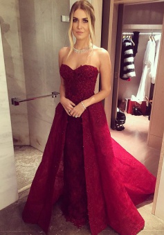 A-Line Sweetheart  Sweep Train Burgundy Prom Dress with Appliques