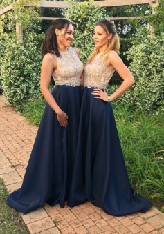 A-Line Jewel Sleeveless Sweep Train Navy Blue Prom Dress with Appliques