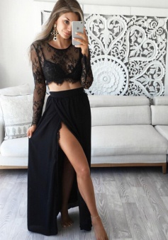 Stunning Two Piece Jewel Long Sleeves Black Prom Dress with Lace Top