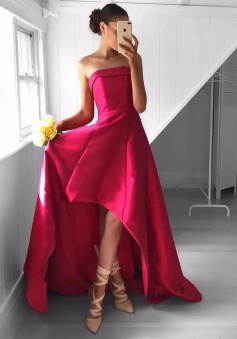 A-Line Strapless High-Low Rose Pink Satin Prom Dress with Ruched