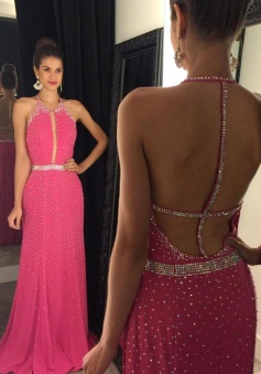 A-Line Halter Sleeveless Floor-Length Backless Fuchsia Chiffon Prom Dress