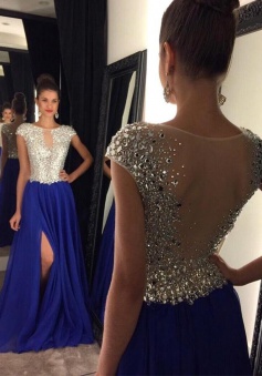 A-Line Crew Cap Sleeves Sweep Train Royal Blue Prom Dress with Beading