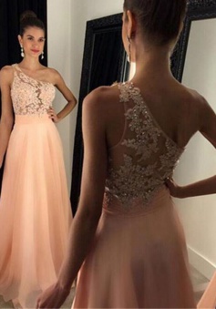 A-Line One-Shoulder Floor-Length Peach Chiffon Prom Dress with Appliques