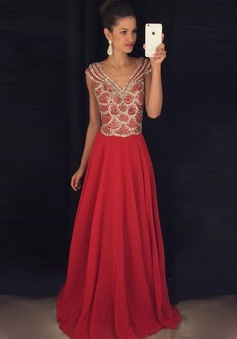 A-Line V-Neck Cap Sleeves Floor-Length Red Chiffon Prom Dress with Beading