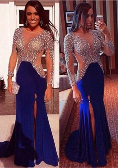 Mermaid Crew Long Sleeves Sweep Train Split-Front Royal Blue Prom Dress with Beading 