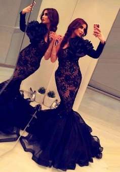 Mermaid Scoop Long Sleeves Sweep Train Black Prom Dress with Flower Beading