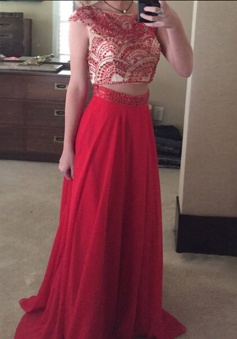 Two Piece Bateau Cap Sleeves Sweep Train Red Chiffon Prom Dress with Beading