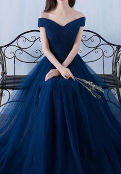 A-Line Off-the-Shoulder Short Sleeves Sweep Train Navy Blue Tulle Prom Dress