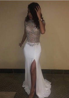 Mermaid High Neck Cap Sleeves Sweep Train White Spandex Prom Dress with Beading