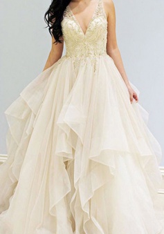 A-Line V-Neck Sleeveless Sweep Train Ivory Beading Prom Dress with Lace