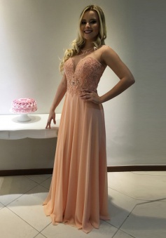 A-Line Crew Sleeveless Floor-Length Peach Chiffon Prom Dress with Beading