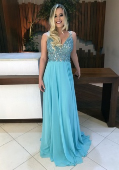 A-Line V-Neck Sweep Train  Backless Blue Chiffon Prom Dress with Beading