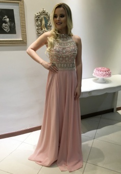 A-Line Halter Sleeveless Sweep Train Backless Pink Prom Dress with Beading